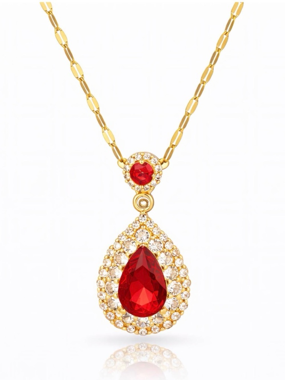 Red Crystal Teardrop Pendant 18K Gold Plated Necklace